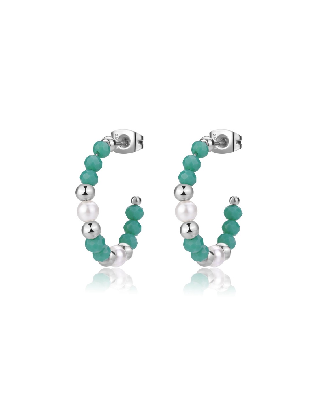 Orecchini a cerchio S'AGAPO GLINT SGI22 in acciaio 316L sfere in vetro verde e perle